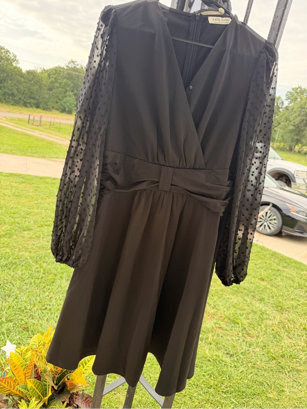 Kate Kasin Black Long-Sleeve Polka Dot Sleeve Wrap Dress
